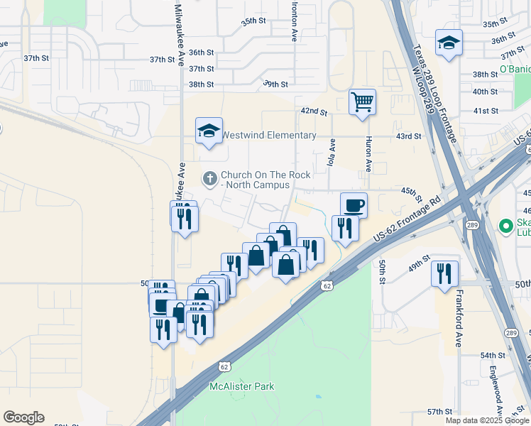 map of restaurants, bars, coffee shops, grocery stores, and more near 5410 Ironton Avenue in Lubbock