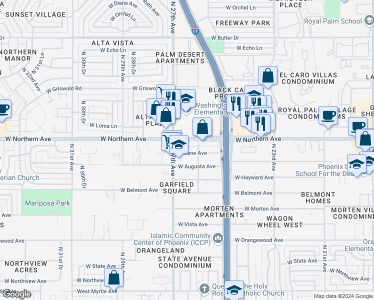 map of restaurants, bars, coffee shops, grocery stores, and more near 2623 West Lane Avenue in Phoenix