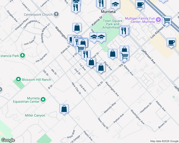 map of restaurants, bars, coffee shops, grocery stores, and more near 24895 1st Avenue in Murrieta