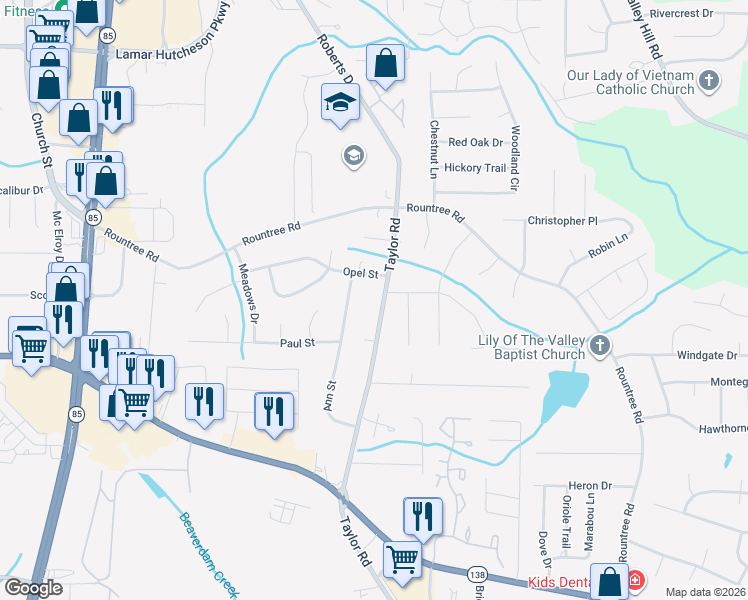 map of restaurants, bars, coffee shops, grocery stores, and more near 7419 Taylor Road in Riverdale