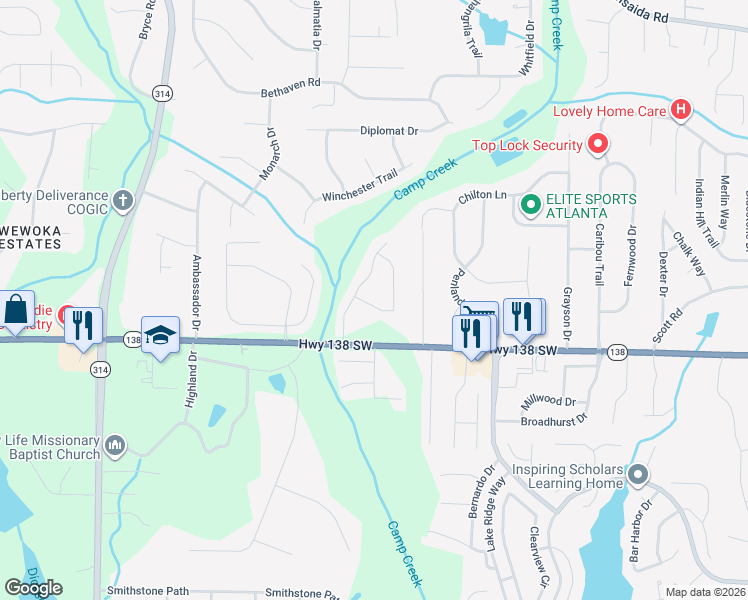 map of restaurants, bars, coffee shops, grocery stores, and more near 1449 Camelia Street in Riverdale