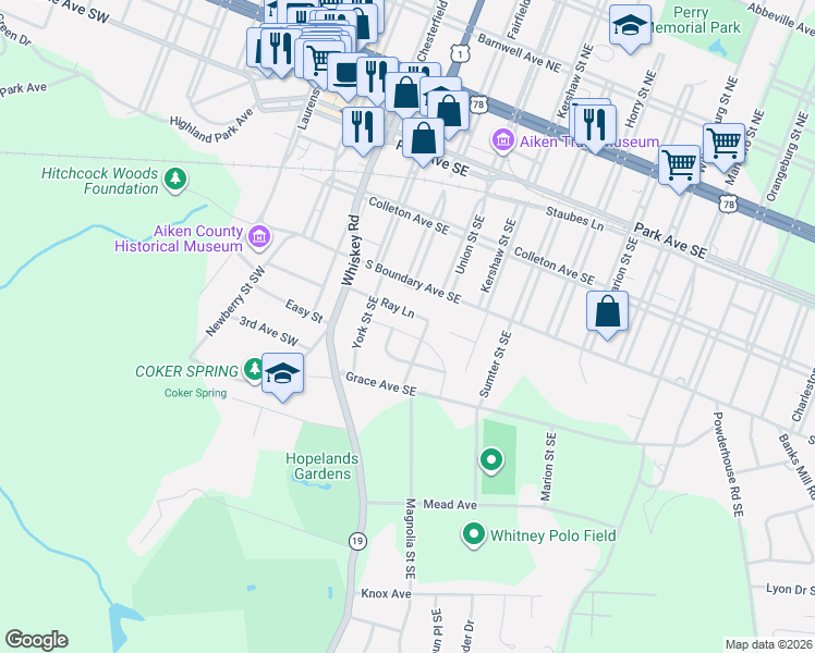 map of restaurants, bars, coffee shops, grocery stores, and more near 454 Homestead Lane in Aiken
