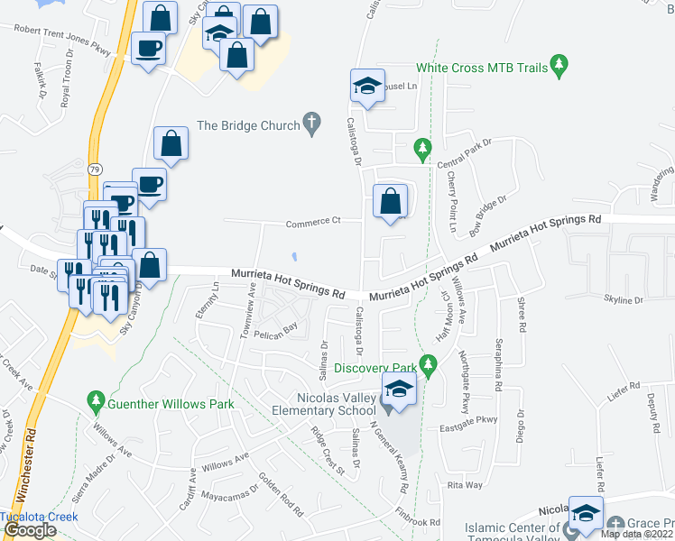 map of restaurants, bars, coffee shops, grocery stores, and more near 39115 Calistoga Drive in Murrieta