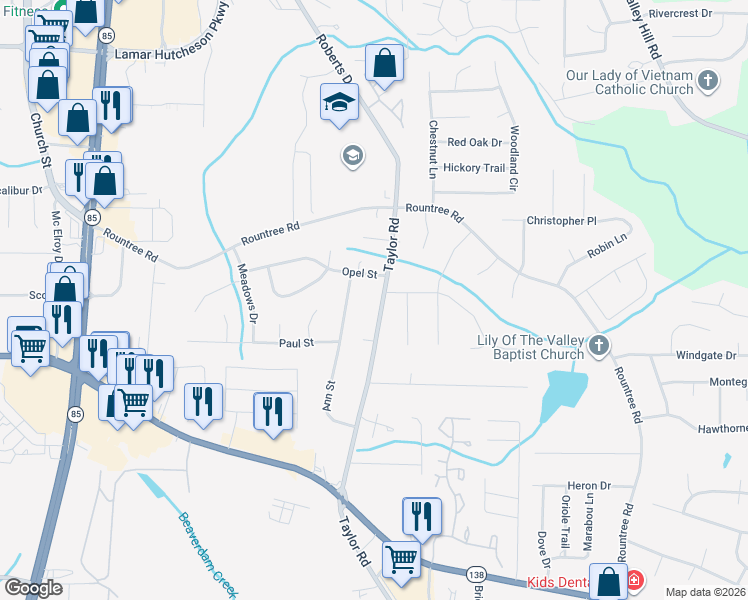 map of restaurants, bars, coffee shops, grocery stores, and more near 7419 Taylor Road in Riverdale