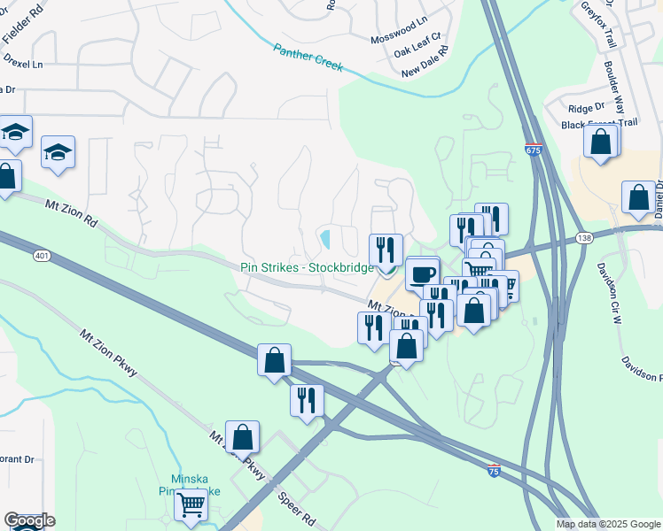 map of restaurants, bars, coffee shops, grocery stores, and more near 3386 Mount Zion Road in Stockbridge