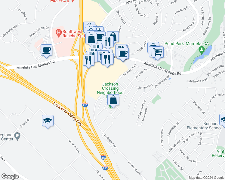 map of restaurants, bars, coffee shops, grocery stores, and more near 26330 Norma Jean Place in Murrieta