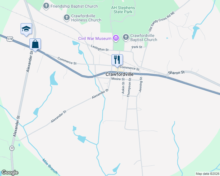 map of restaurants, bars, coffee shops, grocery stores, and more near 156 Alexander Street in Crawfordville