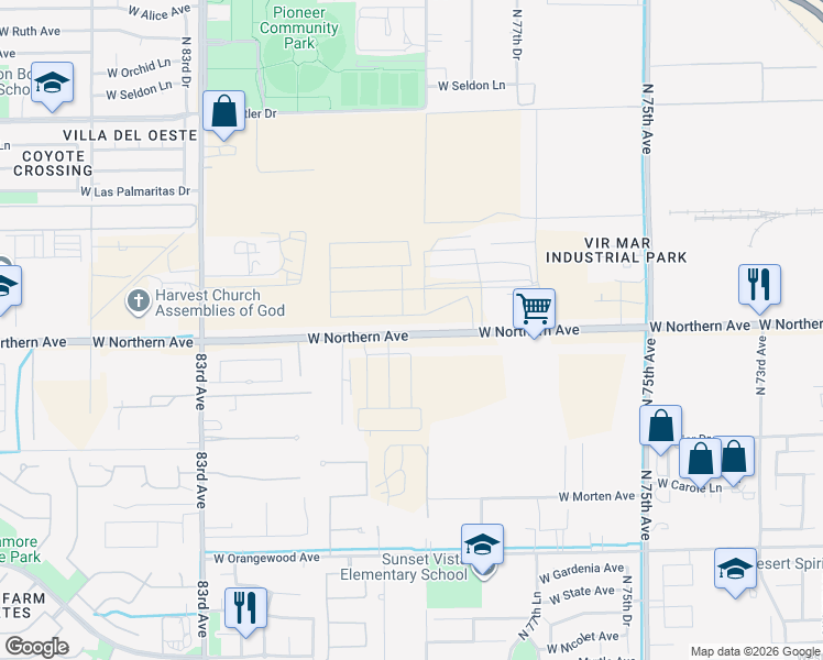 map of restaurants, bars, coffee shops, grocery stores, and more near 7908 West Northern Avenue in Glendale