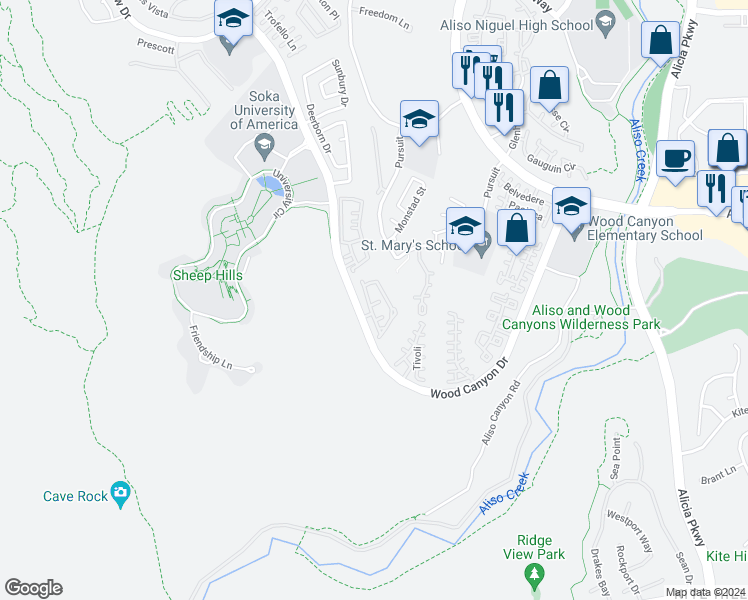 map of restaurants, bars, coffee shops, grocery stores, and more near 91 Cottage Lane in Aliso Viejo