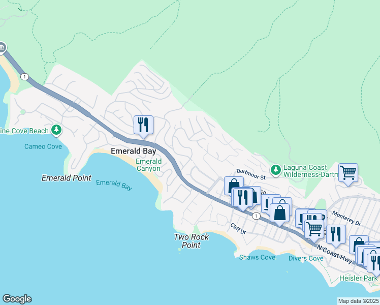 map of restaurants, bars, coffee shops, grocery stores, and more near 307 Emerald Bay in Laguna Beach