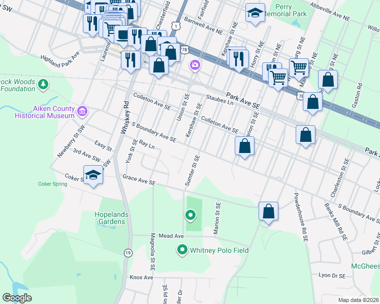 map of restaurants, bars, coffee shops, grocery stores, and more near 418 Sumter Street Southeast in Aiken