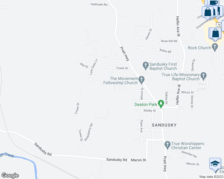 map of restaurants, bars, coffee shops, grocery stores, and more near 627 Blanton Lane in Birmingham