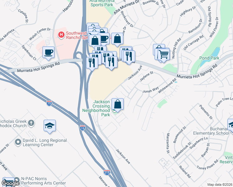map of restaurants, bars, coffee shops, grocery stores, and more near 26330 Norma Jean Place in Murrieta