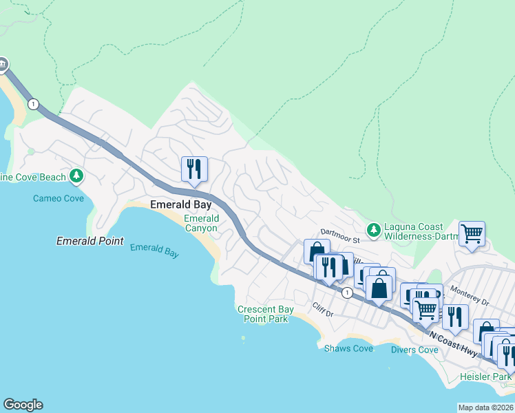 map of restaurants, bars, coffee shops, grocery stores, and more near 307 Emerald Bay in Laguna Beach