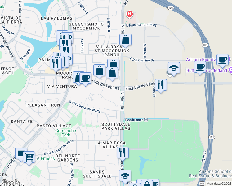 map of restaurants, bars, coffee shops, grocery stores, and more near 8742 East Vía De Commercio in Scottsdale
