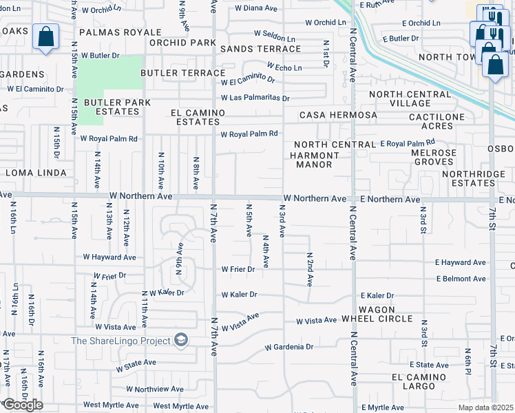 map of restaurants, bars, coffee shops, grocery stores, and more near 325 West Northern Avenue in Phoenix