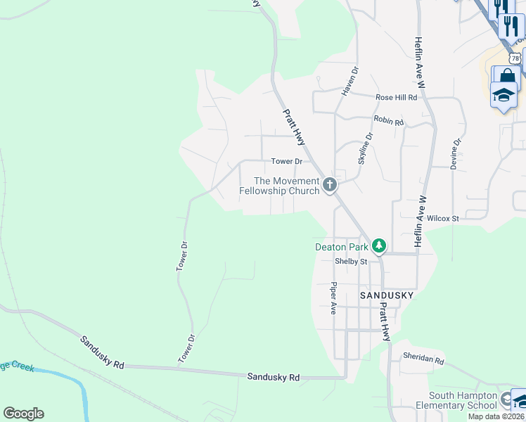 map of restaurants, bars, coffee shops, grocery stores, and more near 627 Blanton Lane in Birmingham