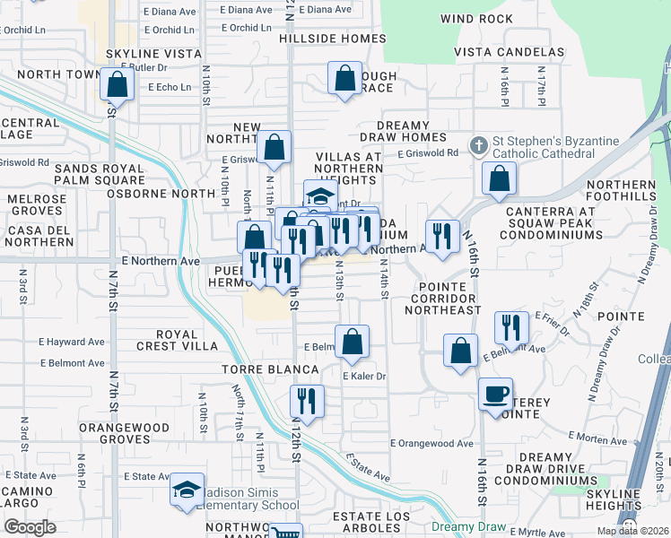 map of restaurants, bars, coffee shops, grocery stores, and more near 7850 North 13th Street in Phoenix