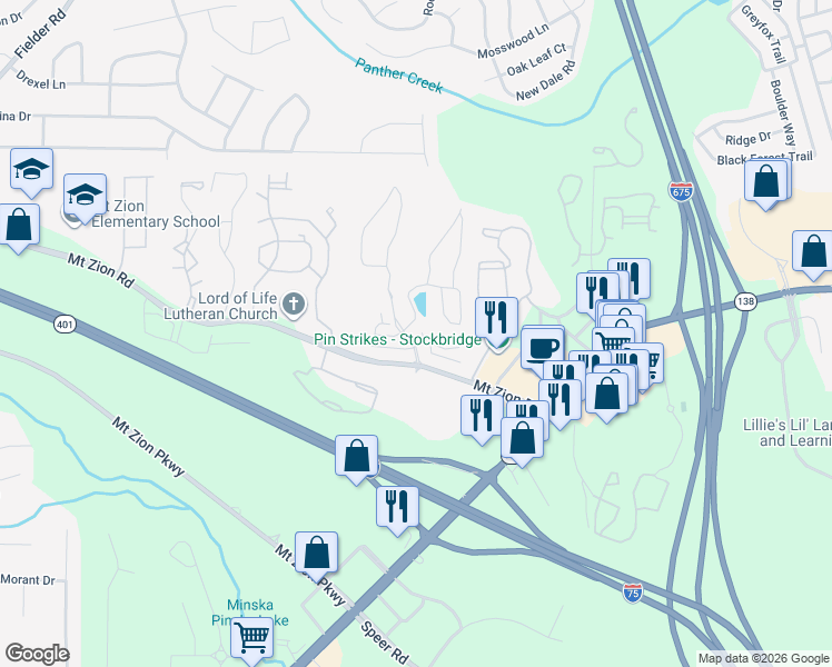 map of restaurants, bars, coffee shops, grocery stores, and more near 7451 Pine Brook Road in Stockbridge