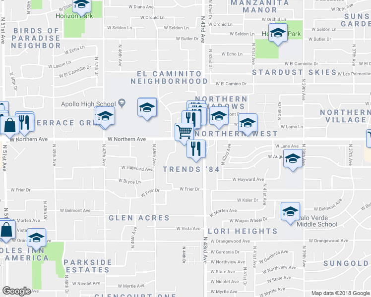 map of restaurants, bars, coffee shops, grocery stores, and more near 4329 West Northern Avenue in Glendale