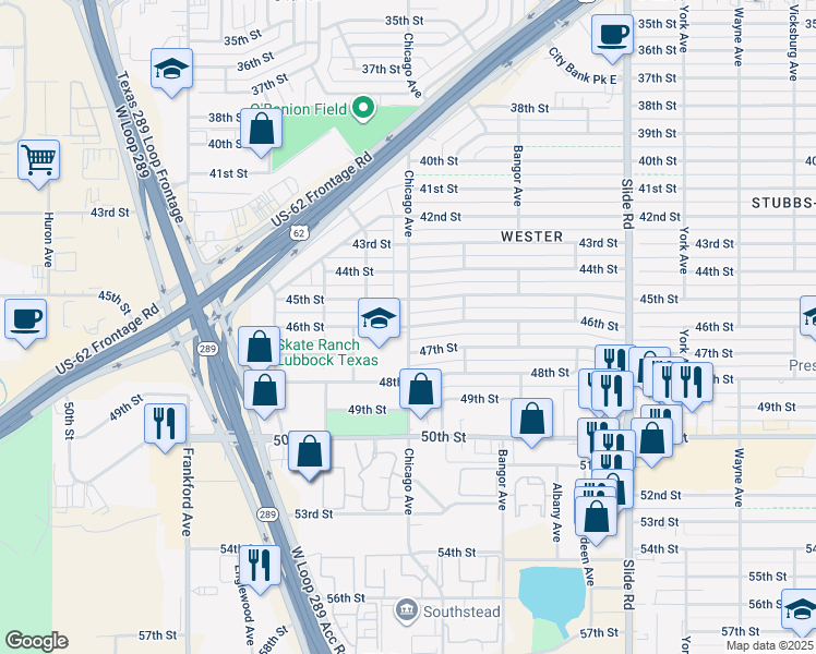 map of restaurants, bars, coffee shops, grocery stores, and more near 5501 46th Street in Lubbock