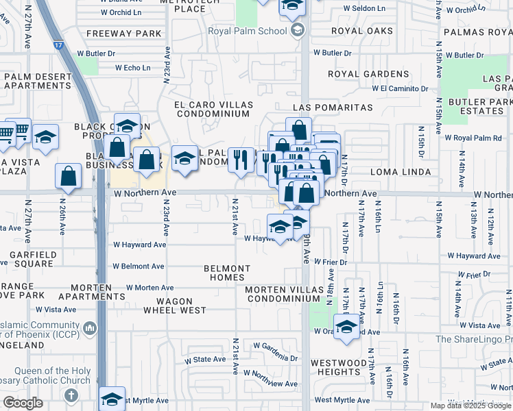 map of restaurants, bars, coffee shops, grocery stores, and more near 7734 North 19th Lane in Phoenix