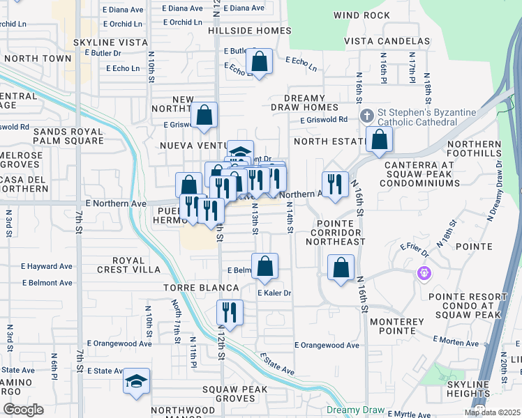 map of restaurants, bars, coffee shops, grocery stores, and more near 7850 North 13th Street in Phoenix