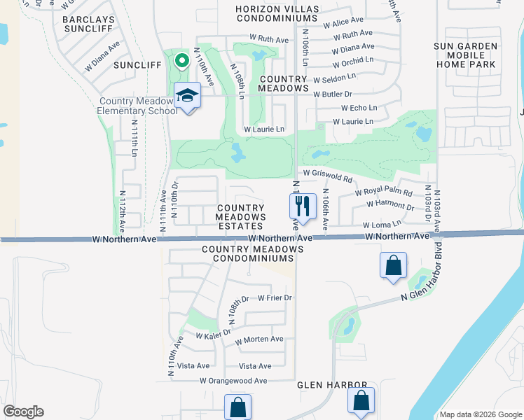 map of restaurants, bars, coffee shops, grocery stores, and more near 8071 North 108th Drive in Peoria