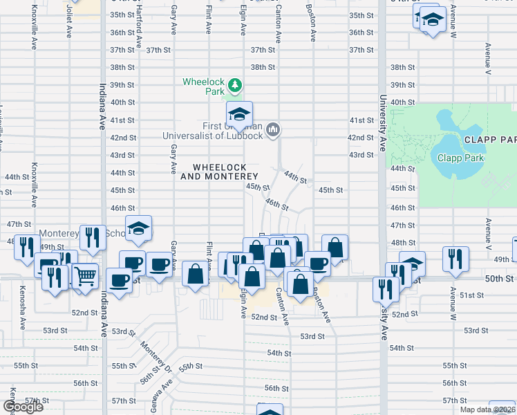 map of restaurants, bars, coffee shops, grocery stores, and more near 4610 Detroit Avenue in Lubbock