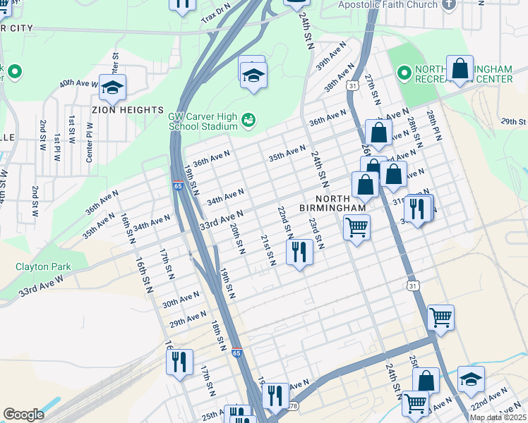 map of restaurants, bars, coffee shops, grocery stores, and more near 2100 32nd Avenue North in Birmingham