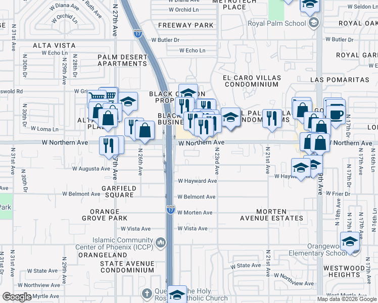 map of restaurants, bars, coffee shops, grocery stores, and more near 2339 West Northern Avenue in Phoenix