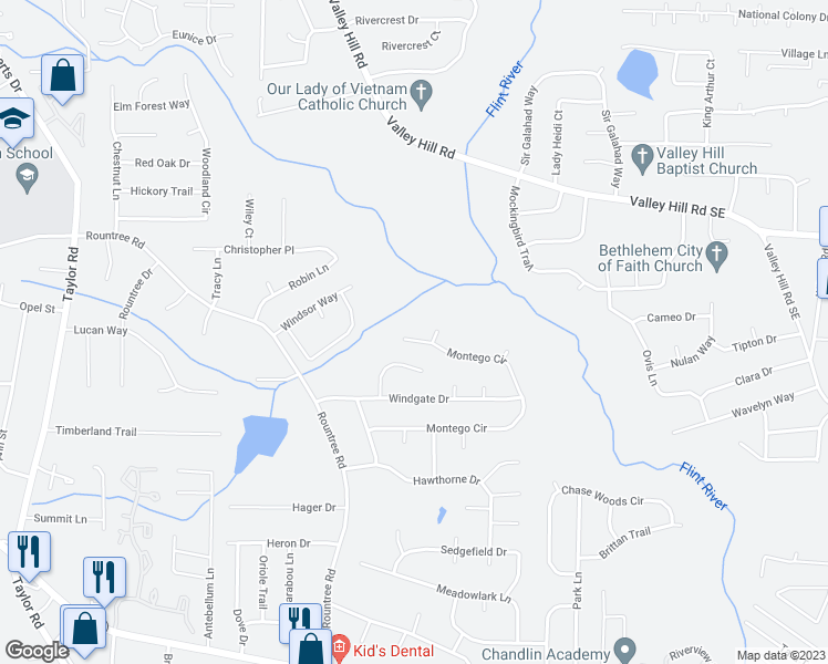 map of restaurants, bars, coffee shops, grocery stores, and more near 289 Montego Circle in Riverdale