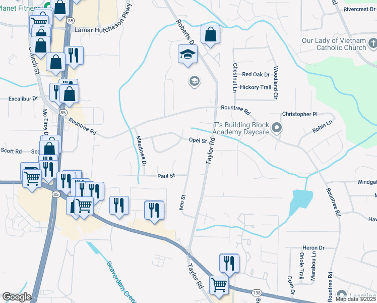 map of restaurants, bars, coffee shops, grocery stores, and more near 7415 Ann Street in Riverdale