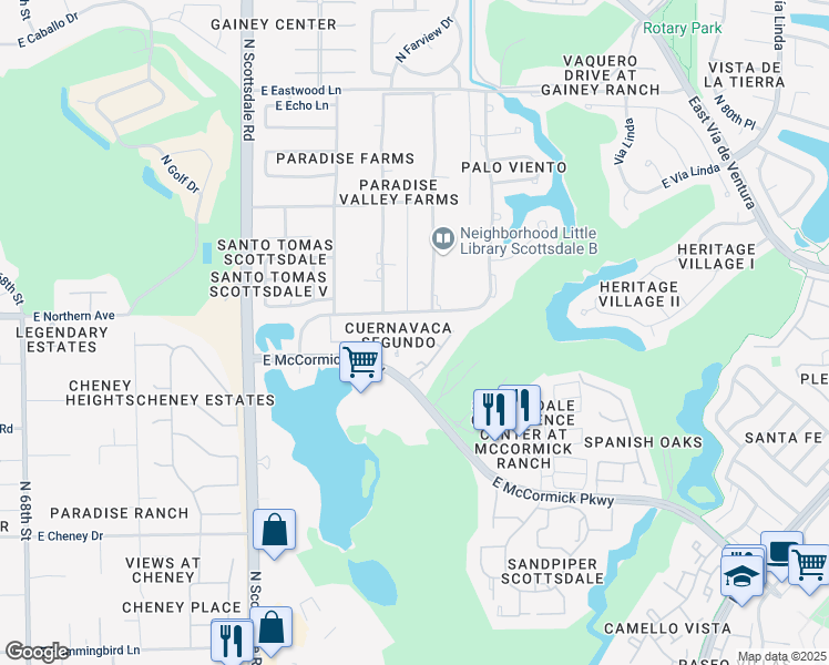 map of restaurants, bars, coffee shops, grocery stores, and more near 7500 East McCormick Parkway in Scottsdale