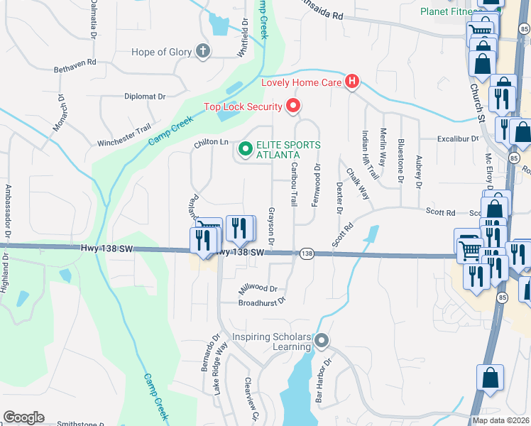 map of restaurants, bars, coffee shops, grocery stores, and more near 7447 Grayson Drive in Riverdale