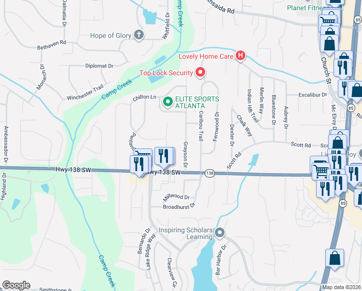 map of restaurants, bars, coffee shops, grocery stores, and more near 7447 Grayson Drive in Riverdale