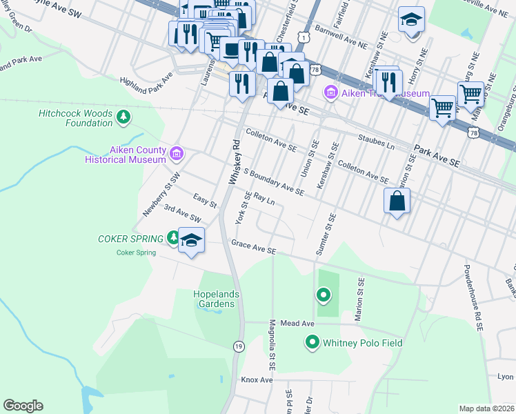 map of restaurants, bars, coffee shops, grocery stores, and more near 454 Homestead Lane in Aiken