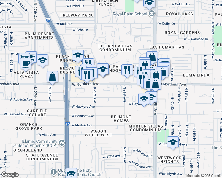 map of restaurants, bars, coffee shops, grocery stores, and more near 2128 West Augusta Avenue in Phoenix