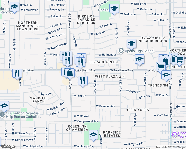 map of restaurants, bars, coffee shops, grocery stores, and more near 4949 West Northern Avenue in Glendale