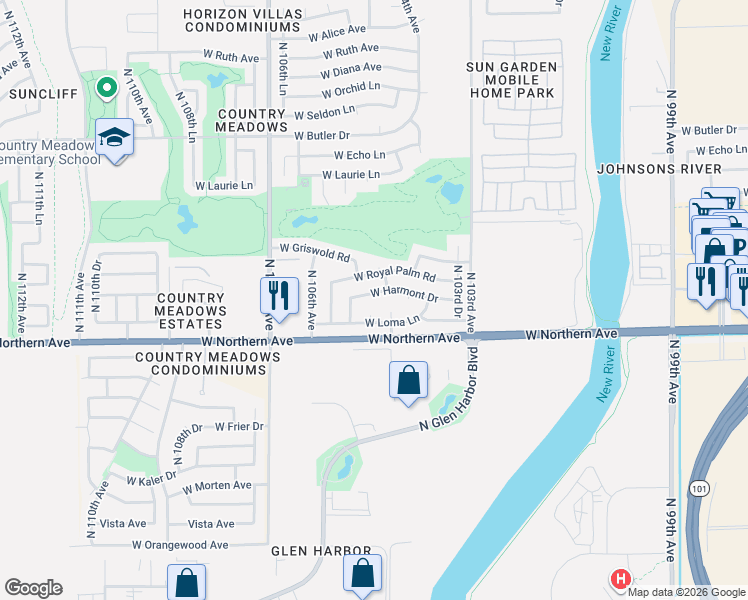 map of restaurants, bars, coffee shops, grocery stores, and more near 10518 North 105th Avenue in Peoria