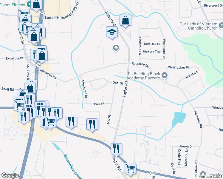 map of restaurants, bars, coffee shops, grocery stores, and more near 7415 Ann Street in Riverdale