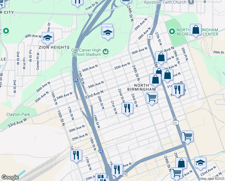 map of restaurants, bars, coffee shops, grocery stores, and more near 2100 32nd Avenue North in Birmingham