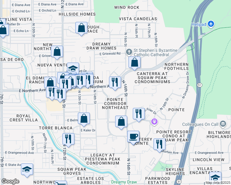 map of restaurants, bars, coffee shops, grocery stores, and more near 7878 North 16th Street in Phoenix