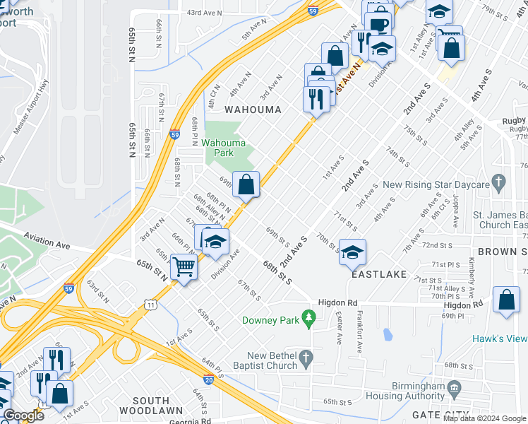 map of restaurants, bars, coffee shops, grocery stores, and more near 6912 Division Avenue in Birmingham