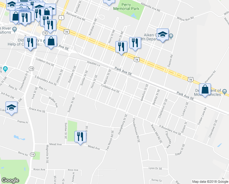 map of restaurants, bars, coffee shops, grocery stores, and more near 302 Williamsburg Street Southeast in Aiken