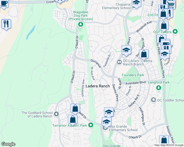 map of restaurants, bars, coffee shops, grocery stores, and more near Saint Just Avenue in Ladera Ranch