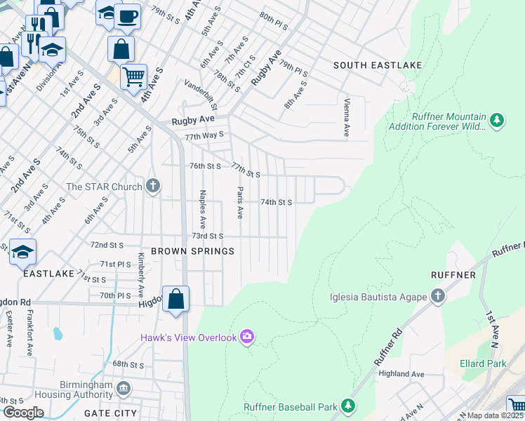 map of restaurants, bars, coffee shops, grocery stores, and more near 7337 Queenstown Avenue in Birmingham