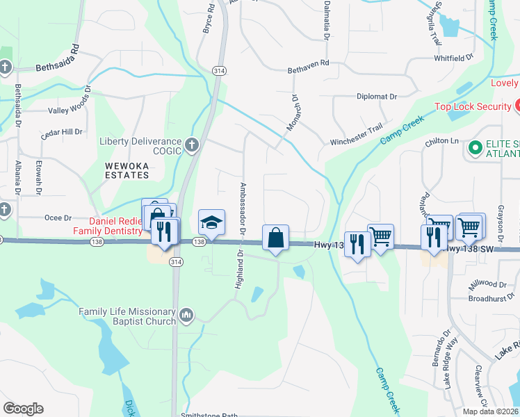 map of restaurants, bars, coffee shops, grocery stores, and more near 7460 Ambassador Drive in Riverdale