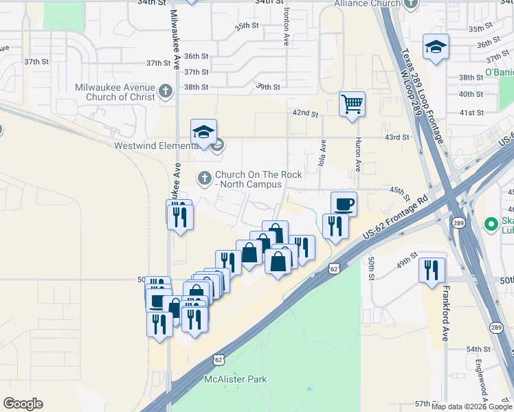 map of restaurants, bars, coffee shops, grocery stores, and more near 5410 Ironton Avenue in Lubbock