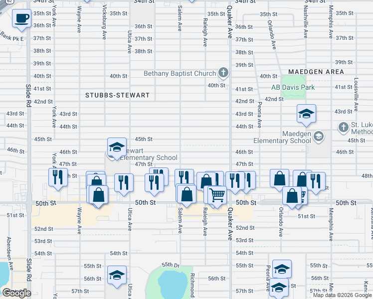 map of restaurants, bars, coffee shops, grocery stores, and more near 4511 46th Street in Lubbock
